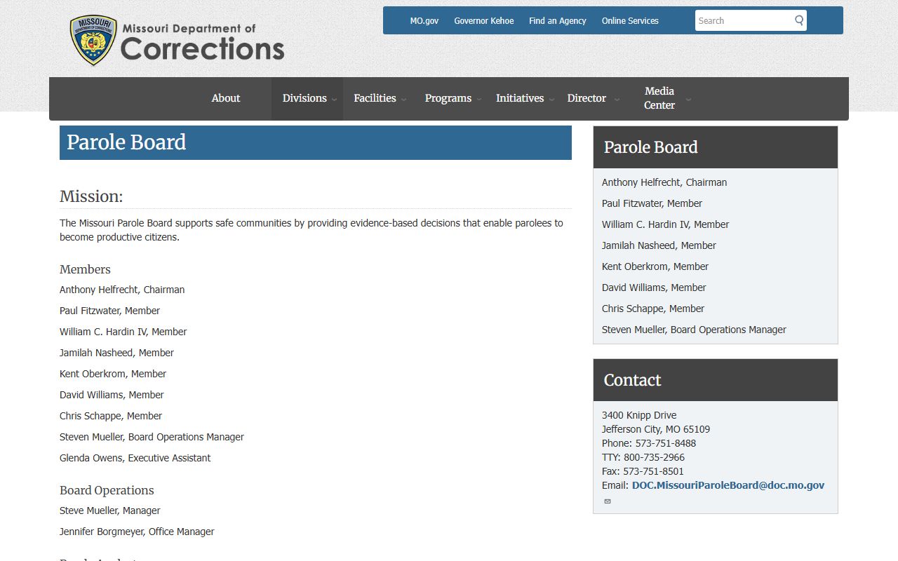 MODOC inmate population Missouri Parole Board page