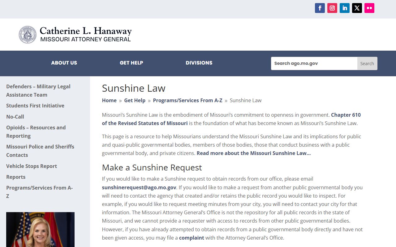 Missouri inmate population Sunshine Law request guidance